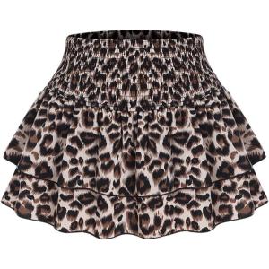 imageSweatyRocks Womens Shirred Waist Layered Ruffle Hem Leopard Print Mini SkirtsBrown