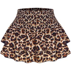 imageSweatyRocks Womens Shirred Waist Layered Ruffle Hem Leopard Print Mini SkirtsBrown Leopard
