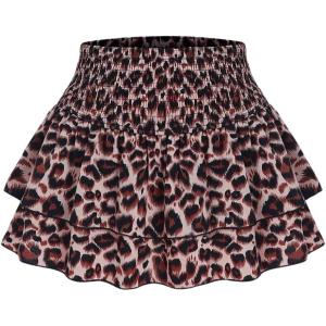 imageSweatyRocks Womens Shirred Waist Layered Ruffle Hem Leopard Print Mini SkirtsBrown and Black