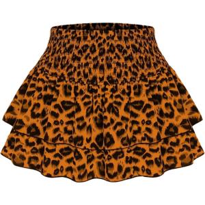 imageSweatyRocks Womens Shirred Waist Layered Ruffle Hem Leopard Print Mini SkirtsYellow