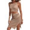 imageSweatyRocks Womens 2 Piece Sleeveless Mesh Swimwear Cover Up Crop Tank Top and Skirt Set BeachwearKhaki