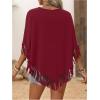 imageSweatyRocks Womens Half Short Sleeve Fringe Trim Top Round Neck Asymmetrical Hem Loose Tee Shirts BlouseBurgundy