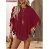 imageSweatyRocks Womens Half Short Sleeve Fringe Trim Top Round Neck Asymmetrical Hem Loose Tee Shirts BlouseBurgundy