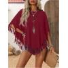 imageSweatyRocks Womens Half Short Sleeve Fringe Trim Top Round Neck Asymmetrical Hem Loose Tee Shirts BlouseBurgundy