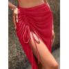 imageSweatyRocks Womens Sheer Mesh Cover Up Skirt Drawstring Side Split Thigh Ruched Beach Cover UpRed