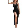 imageSweatyRocks Womens Tie Backless Split Thigh Cover Up Maxi Dress Draped Cowl Neck Cami DressesBlack