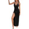 imageSweatyRocks Womens Tie Backless Split Thigh Cover Up Maxi Dress Draped Cowl Neck Cami DressesBlack