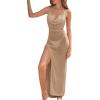 imageSweatyRocks Womens Tie Backless Split Thigh Cover Up Maxi Dress Draped Cowl Neck Cami DressesKhaki