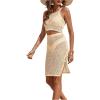 imageSweatyRocks Womens 2 Piece Sleeveless Mesh Swimwear Cover Up Crop Tank Top and Skirt Set BeachwearBeige