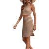imageSweatyRocks Womens 2 Piece Sleeveless Mesh Swimwear Cover Up Crop Tank Top and Skirt Set BeachwearKhaki