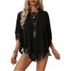 imageSweatyRocks Womens Half Short Sleeve Fringe Trim Top Round Neck Asymmetrical Hem Loose Tee Shirts BlouseBlack
