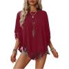 imageSweatyRocks Womens Half Short Sleeve Fringe Trim Top Round Neck Asymmetrical Hem Loose Tee Shirts BlouseBurgundy