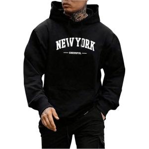 imageSweatyRocks Mens Casual Hooded Sweatshirt Letter Print Long Sleeve Drop Shoulder Pullover TopsBlack