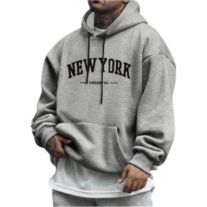 imageSweatyRocks Mens Casual Hooded Sweatshirt Letter Print Long Sleeve Drop Shoulder Pullover TopsLight Grey