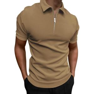 imageSweatyRocks Mens Casual Short Sleeve Collar Neck Half Zip Plain Polo ShirtKhaki