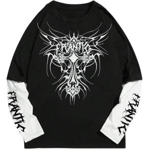 imageSweatyRocks Mens Crewneck Long Sleeve Letter Graphic T Shirts Y2k Colorblock Loose Tee TopsBlack