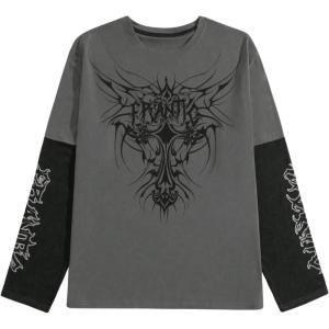 imageSweatyRocks Mens Crewneck Long Sleeve Letter Graphic T Shirts Y2k Colorblock Loose Tee TopsGrey