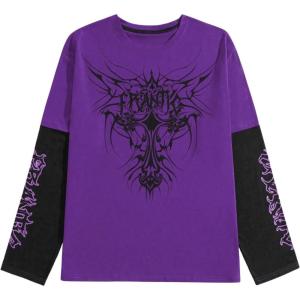 imageSweatyRocks Mens Crewneck Long Sleeve Letter Graphic T Shirts Y2k Colorblock Loose Tee TopsPurple