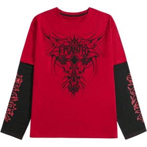 imageSweatyRocks Mens Crewneck Long Sleeve Letter Graphic T Shirts Y2k Colorblock Loose Tee TopsRed Black