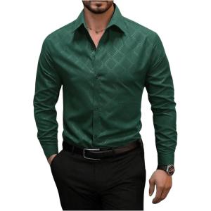 imageSweatyRocks Mens Long Sleeve Button Down Collared Plaid Shirts Casual Work TopsDark Green