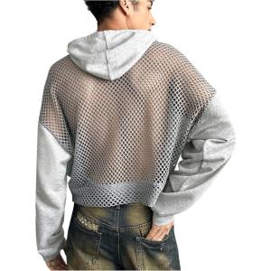 imageSweatyRocks Mens Sheer Fishnet Hoodies Long Sleeve Drop Shoulder Oversized SweatshirtsGrey