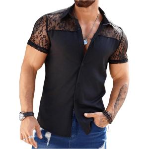 imageSweatyRocks Mens Sheer Floral Lace Button Down Collared Short Sleeve ShirtsBlack