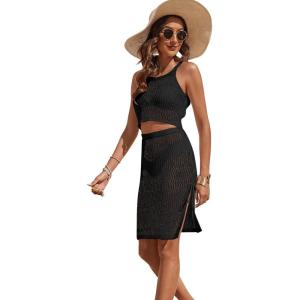 imageSweatyRocks Womens 2 Piece Sleeveless Mesh Swimwear Cover Up Crop Tank Top and Skirt Set BeachwearBlack