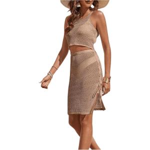 imageSweatyRocks Womens 2 Piece Sleeveless Mesh Swimwear Cover Up Crop Tank Top and Skirt Set BeachwearKhaki