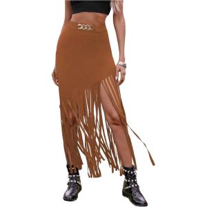 imageSweatyRocks Womens Asymmetrical Fringe Hem Maxi Skirt High Waist Summer SkirtsBrown