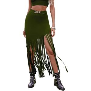 imageSweatyRocks Womens Asymmetrical Fringe Hem Maxi Skirt High Waist Summer SkirtsOlive Green