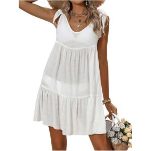 imageSweatyRocks Womens Beach Cover ups Sheer Tie up Ruffled Dress for Bathing Suit SwimwearWhite