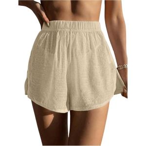 imageSweatyRocks Womens Elastic Waist Sheer Bikini Bottom Split Hem Solid Cover Up Beach ShortsApricot