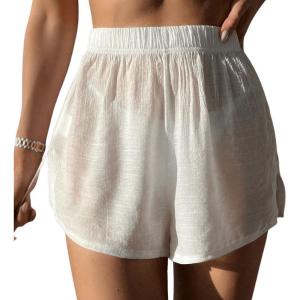 imageSweatyRocks Womens Elastic Waist Sheer Bikini Bottom Split Hem Solid Cover Up Beach ShortsWhite