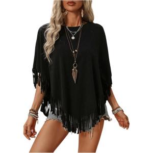 imageSweatyRocks Womens Half Short Sleeve Fringe Trim Top Round Neck Asymmetrical Hem Loose Tee Shirts BlouseBlack