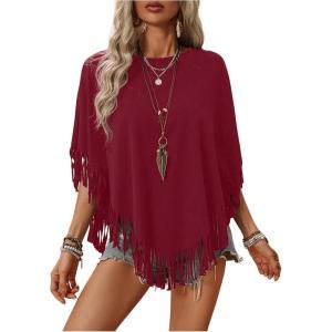 imageSweatyRocks Womens Half Short Sleeve Fringe Trim Top Round Neck Asymmetrical Hem Loose Tee Shirts BlouseBurgundy