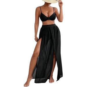 imageSweatyRocks Womens High Waist Split Thigh Cover Up Skirt Sheer Beach Long Skirt SwimwearBlack