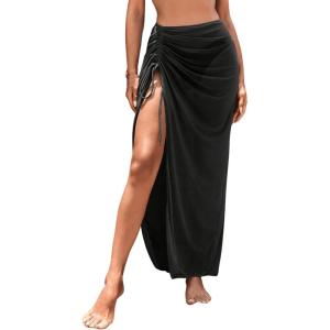 imageSweatyRocks Womens Sheer Mesh Cover Up Skirt Drawstring Side Split Thigh Ruched Beach Cover UpBlack