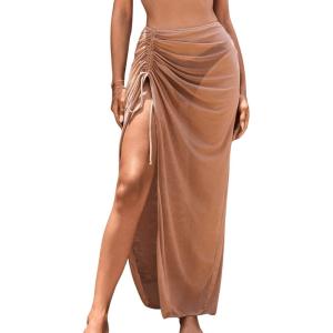 imageSweatyRocks Womens Sheer Mesh Cover Up Skirt Drawstring Side Split Thigh Ruched Beach Cover UpBrown