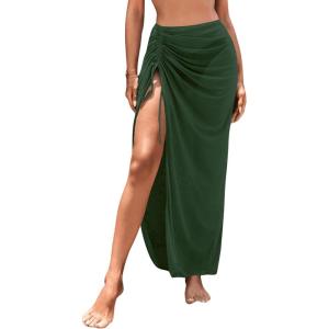 imageSweatyRocks Womens Sheer Mesh Cover Up Skirt Drawstring Side Split Thigh Ruched Beach Cover UpDark Green
