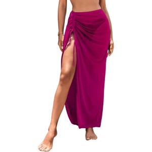 imageSweatyRocks Womens Sheer Mesh Cover Up Skirt Drawstring Side Split Thigh Ruched Beach Cover UpHot Pink