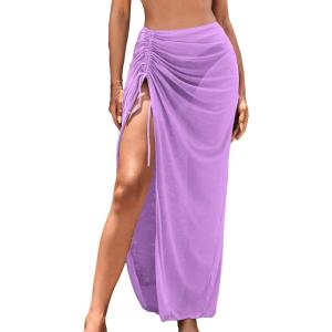 imageSweatyRocks Womens Sheer Mesh Cover Up Skirt Drawstring Side Split Thigh Ruched Beach Cover UpPurple