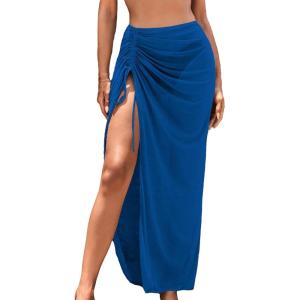 imageSweatyRocks Womens Sheer Mesh Cover Up Skirt Drawstring Side Split Thigh Ruched Beach Cover UpRoyal Blue