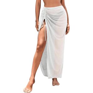 imageSweatyRocks Womens Sheer Mesh Cover Up Skirt Drawstring Side Split Thigh Ruched Beach Cover UpWhite