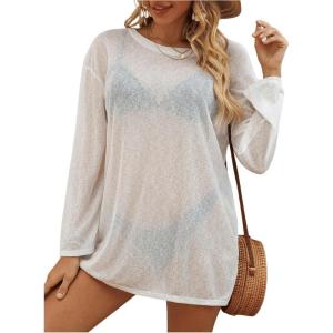 imageSweatyRocks Womens Sheer Tie Back Beach Cover Ups Long Sleeve Knitted Bathing Suit Cover UpWhite