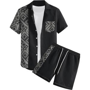 imageSweatyRocks Mens 2 Piece Outfits Color Block Paisley Print Button Down Shirt and Shorts SetBlack