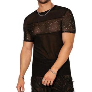 imageSweatyRocks Mens Rhinestone Sheer Mesh Short Sleeve Crew Neck T Shirts Party TopsBlack