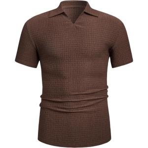 imageSweatyRocks Mens Short Sleeve Collared Neck T Shirt Knitted Golf Shirt Solid Business Shirt TopsCoffee Brown