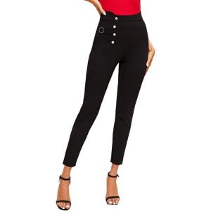 imageSweatyRocks Womens Casual Skinny Leggings Stretchy High Waisted Work PantsButton Black Ring
