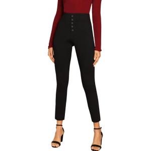 imageSweatyRocks Womens Casual Skinny Leggings Stretchy High Waisted Work PantsElastic Waisted Button Black