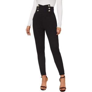 imageSweatyRocks Womens Casual Skinny Leggings Stretchy High Waisted Work PantsHigh Waisted Button Black